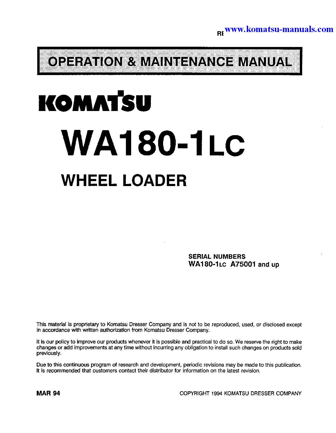 Komatsu wa180-1(usa)-lc operation and maintenance manuals wheel loaders download Komatsu wa180-1(usa)-lc operation and maintenance manuals wheel loaders download