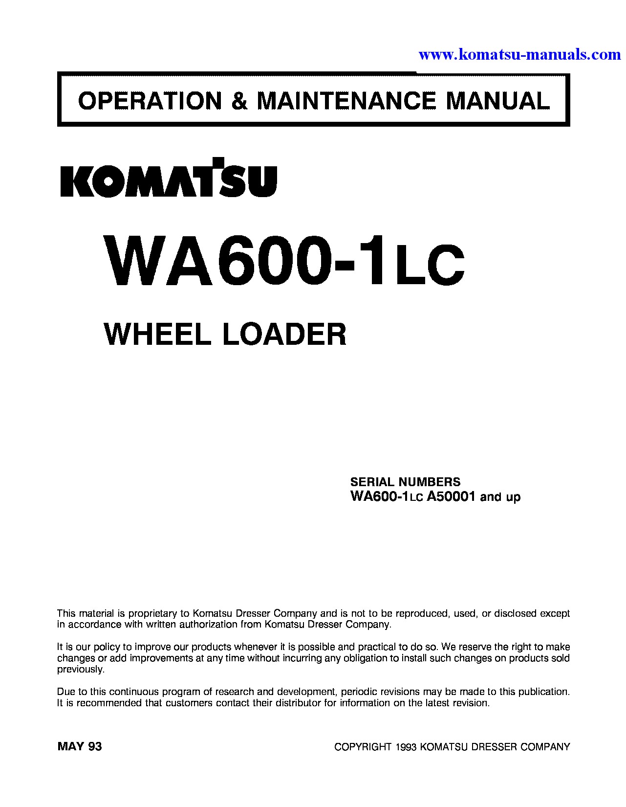 Komatsu wa600-1(usa)-lc operation and maintenance manuals wheel loaders download Komatsu wa600-1(usa)-lc operation and maintenance manuals wheel loaders download