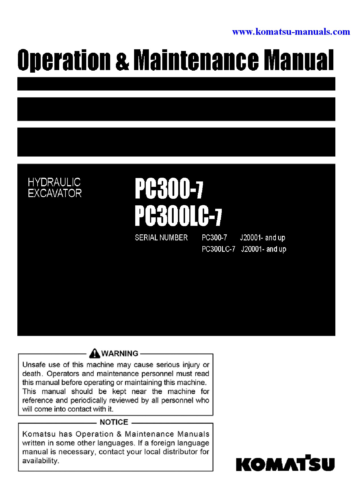 Komatsu pc300-7(idn) operation and maintenance manuals excavators crawler download Komatsu pc300-7(idn) operation and maintenance manuals excavators crawler download