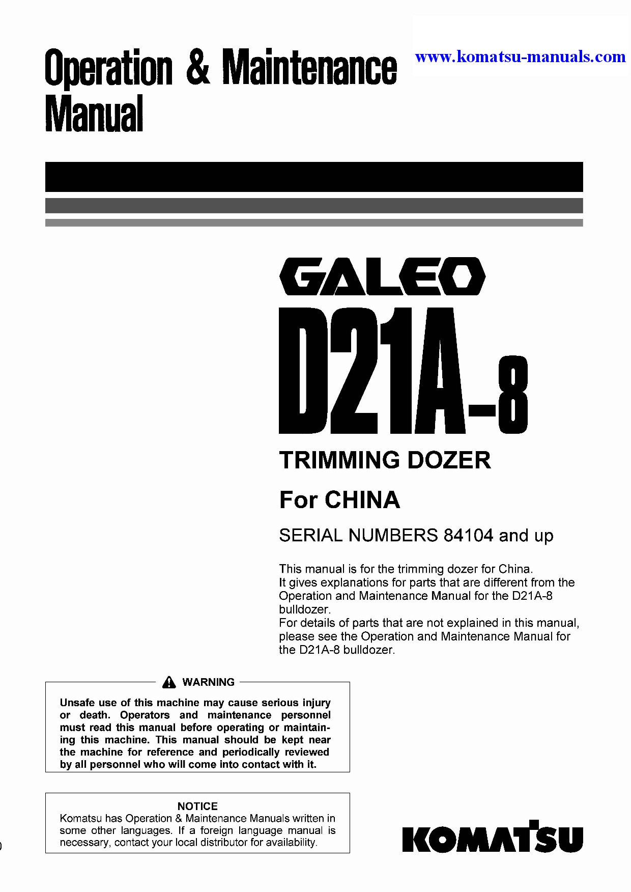 Komatsu d21a-8(jpn)-trimming dozer, for china operation and maintenance manuals bulldozers download Komatsu d21a-8(jpn)-trimming dozer, for china operation and maintenance manuals bulldozers download