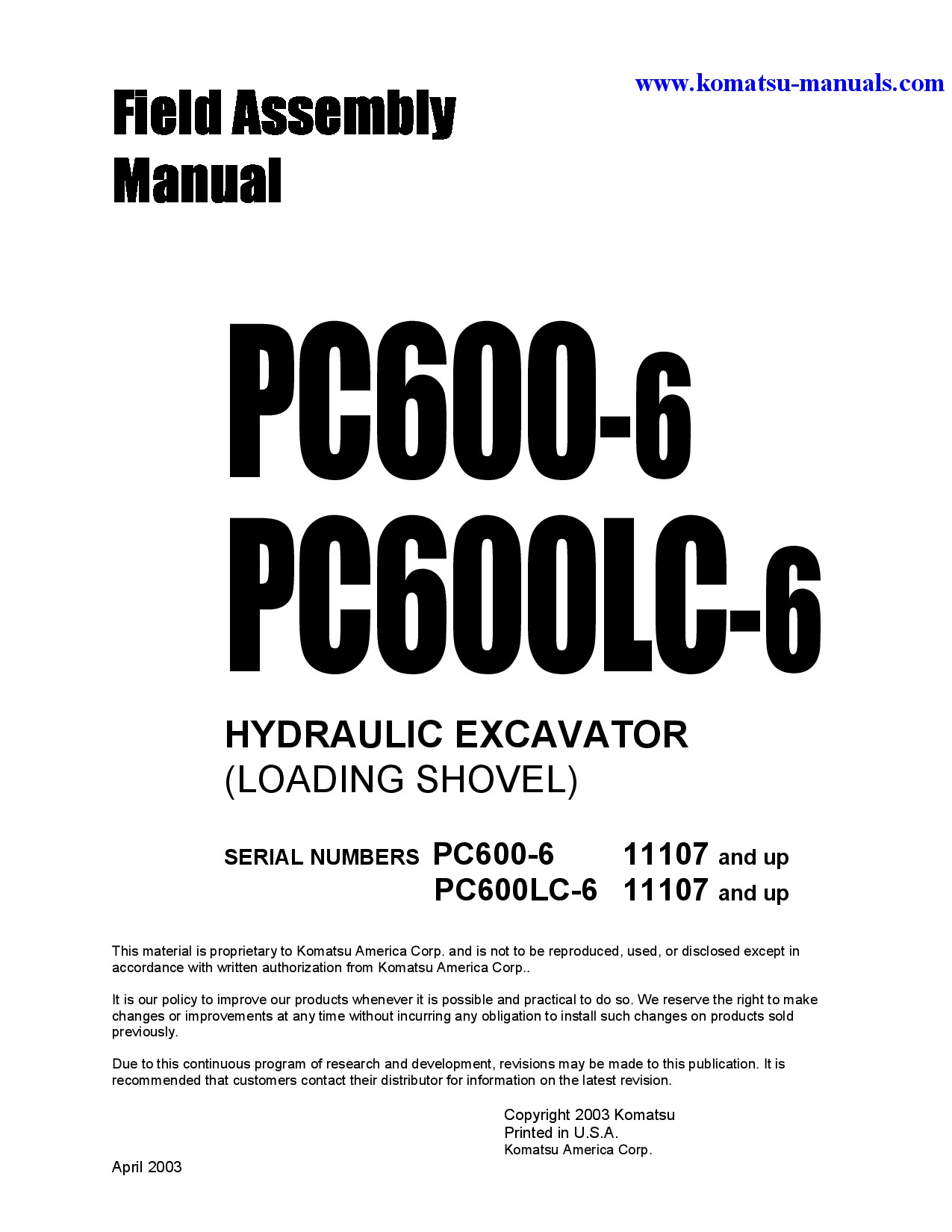 Komatsu pc600lc-6(jpn) field assembly manuals excavators crawler download Komatsu pc600lc-6(jpn) field assembly manuals excavators crawler download