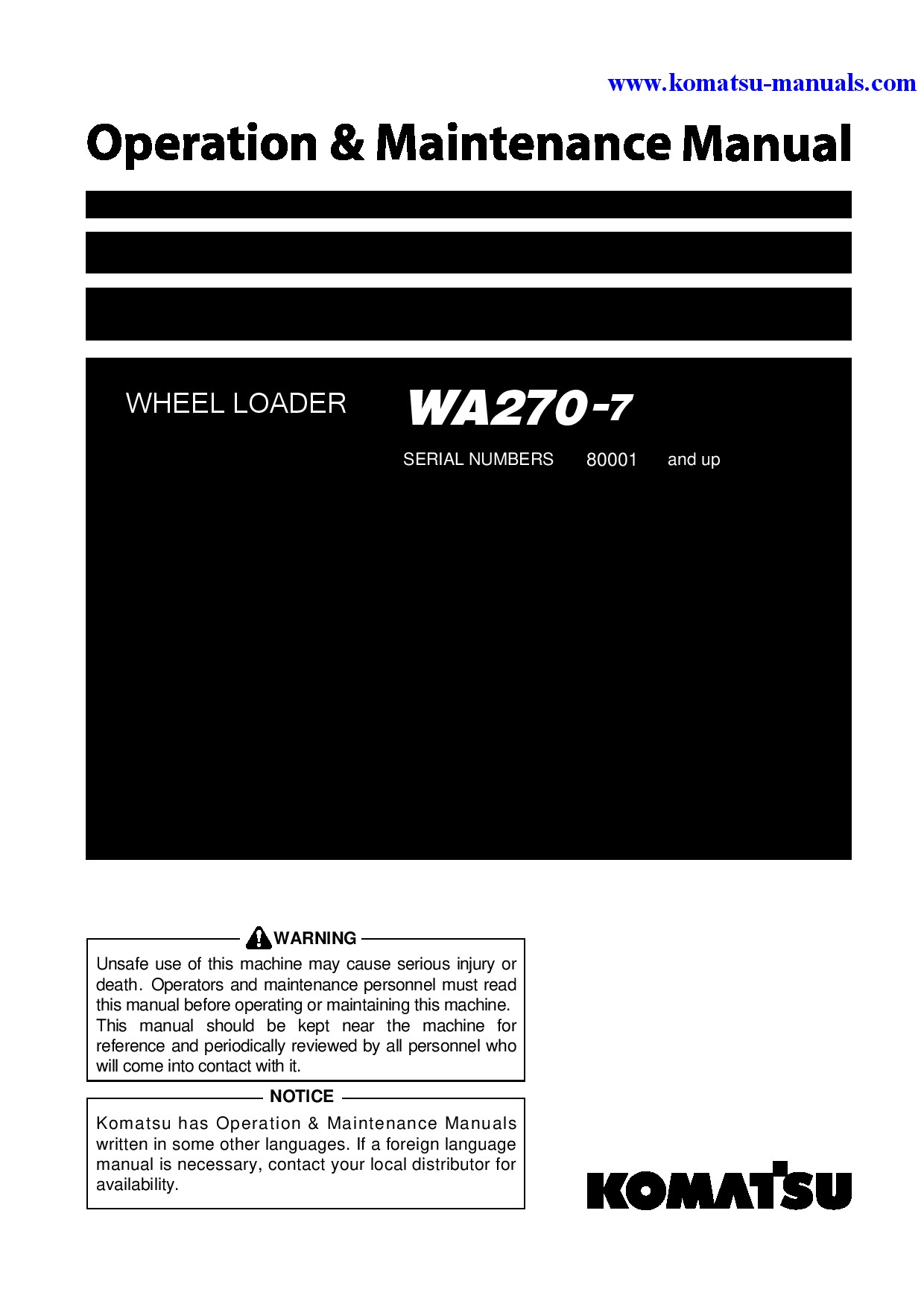 Komatsu wa270-7(jpn) operation and maintenance manuals wheel loaders download Komatsu wa270-7(jpn) operation and maintenance manuals wheel loaders download