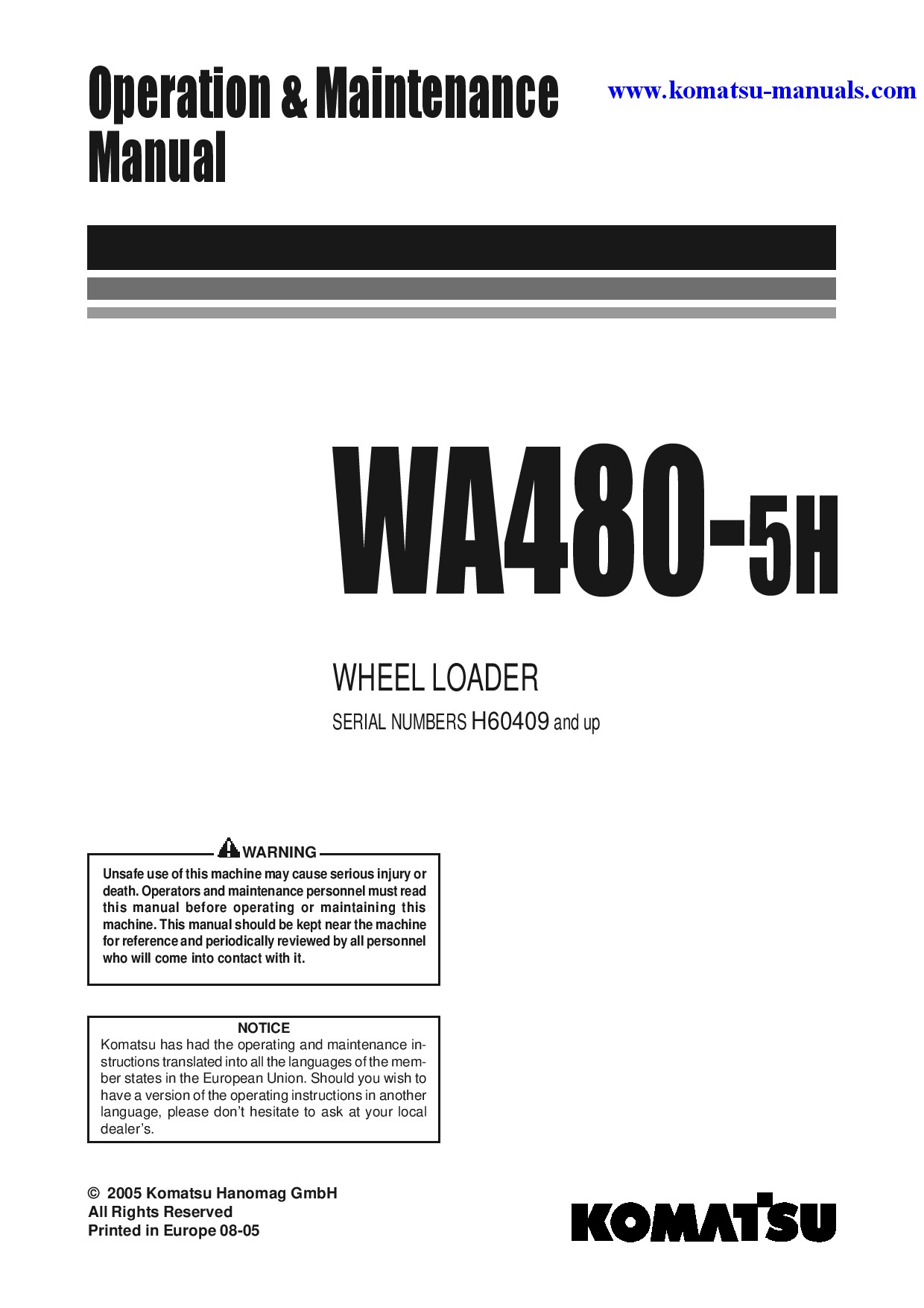 Komatsu wa480-5(deu)-h operation and maintenance manuals wheel loaders download Komatsu wa480-5(deu)-h operation and maintenance manuals wheel loaders download
