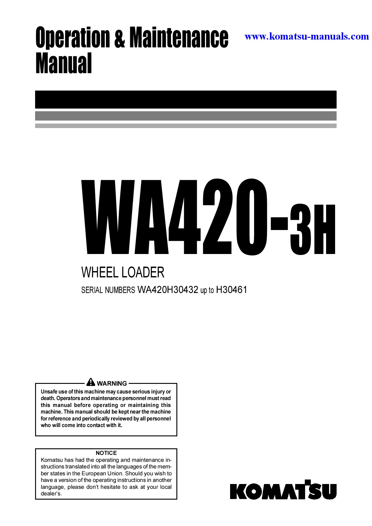 Komatsu wa420-3(deu)-h operation and maintenance manuals wheel loaders download Komatsu wa420-3(deu)-h operation and maintenance manuals wheel loaders download