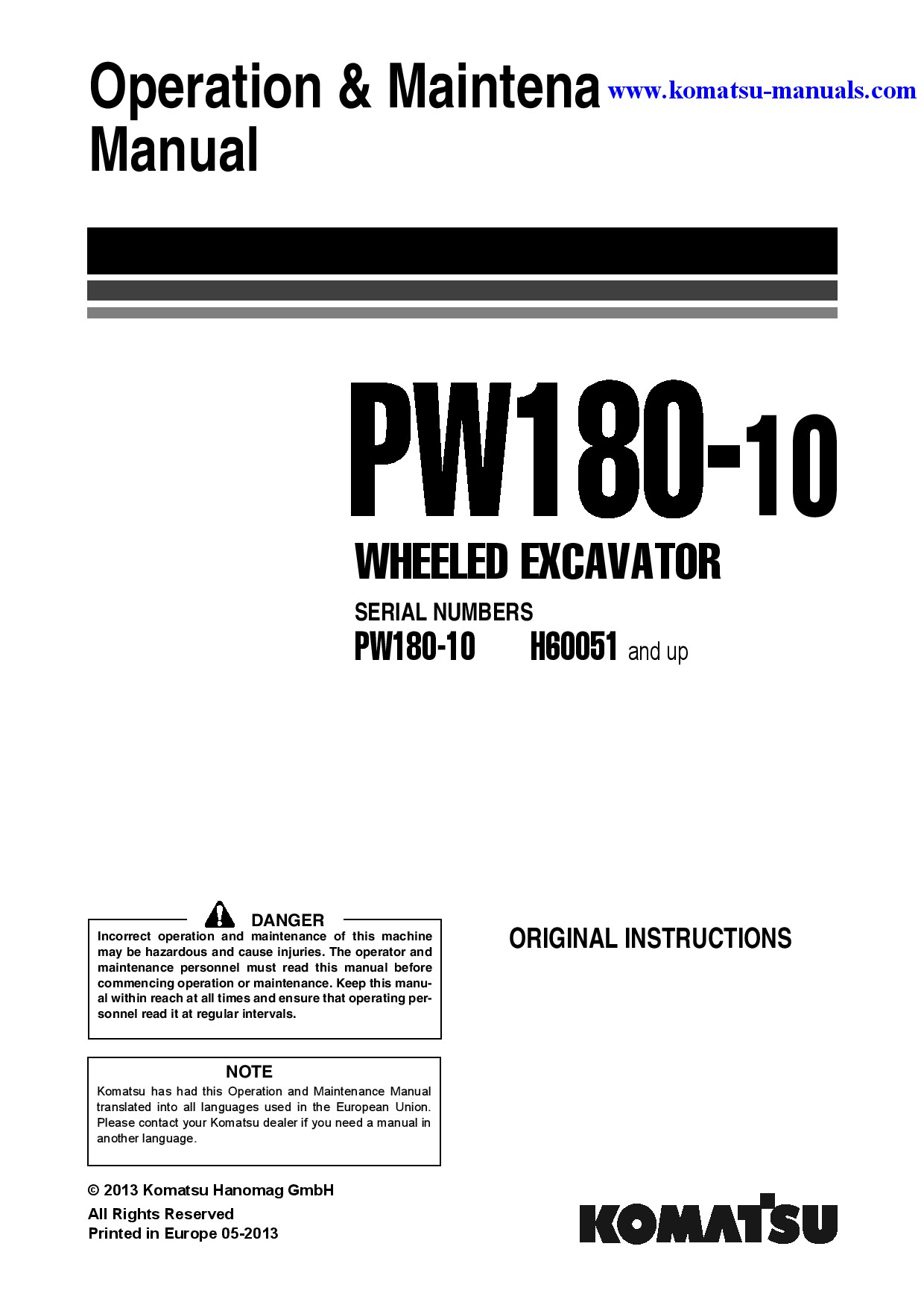 Komatsu pw180-10(deu) operation and maintenance manuals excavators wheeled download Komatsu pw180-10(deu) operation and maintenance manuals excavators wheeled download