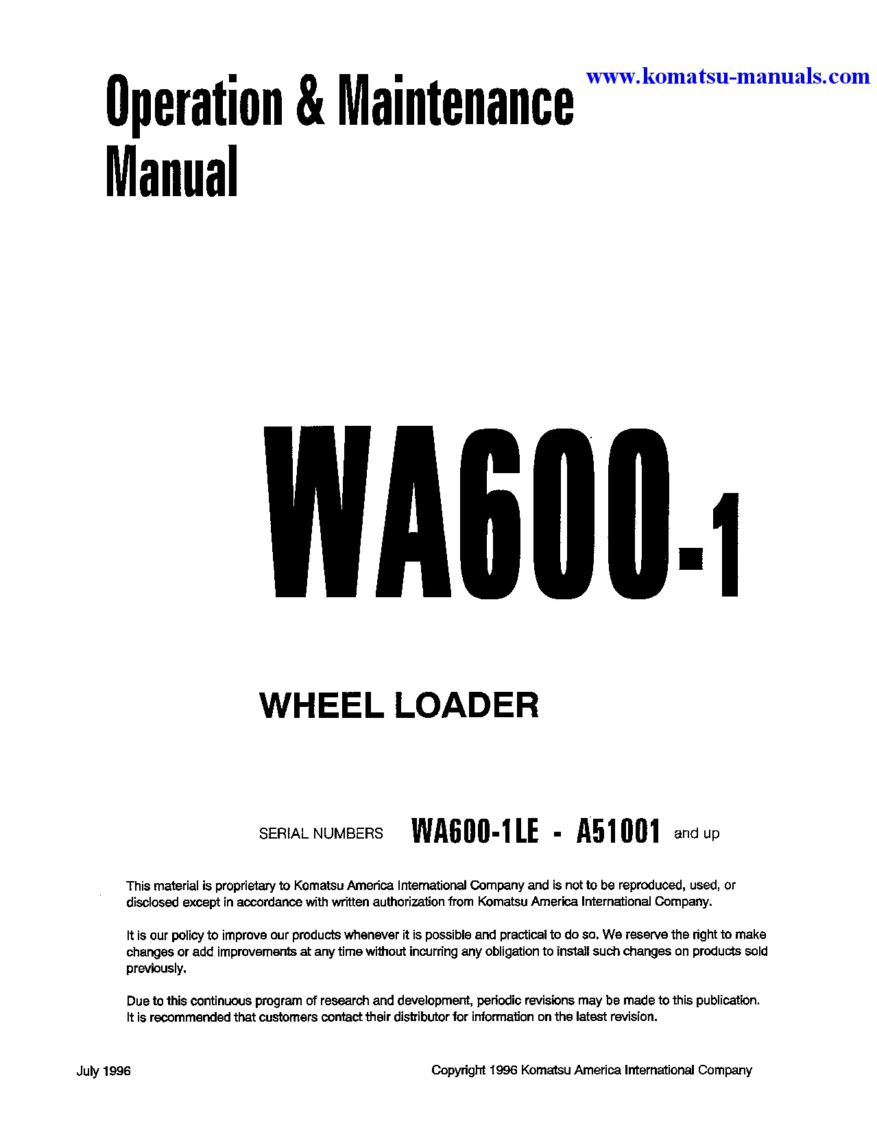 Komatsu wa600-1(usa)-le operation and maintenance manuals wheel loaders download Komatsu wa600-1(usa)-le operation and maintenance manuals wheel loaders download