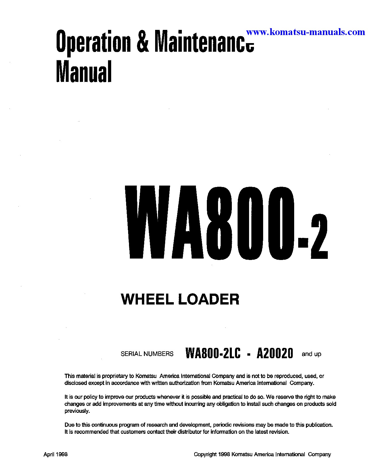 Komatsu wa800-2(usa)-lc operation and maintenance manuals wheel loaders download Komatsu wa800-2(usa)-lc operation and maintenance manuals wheel loaders download