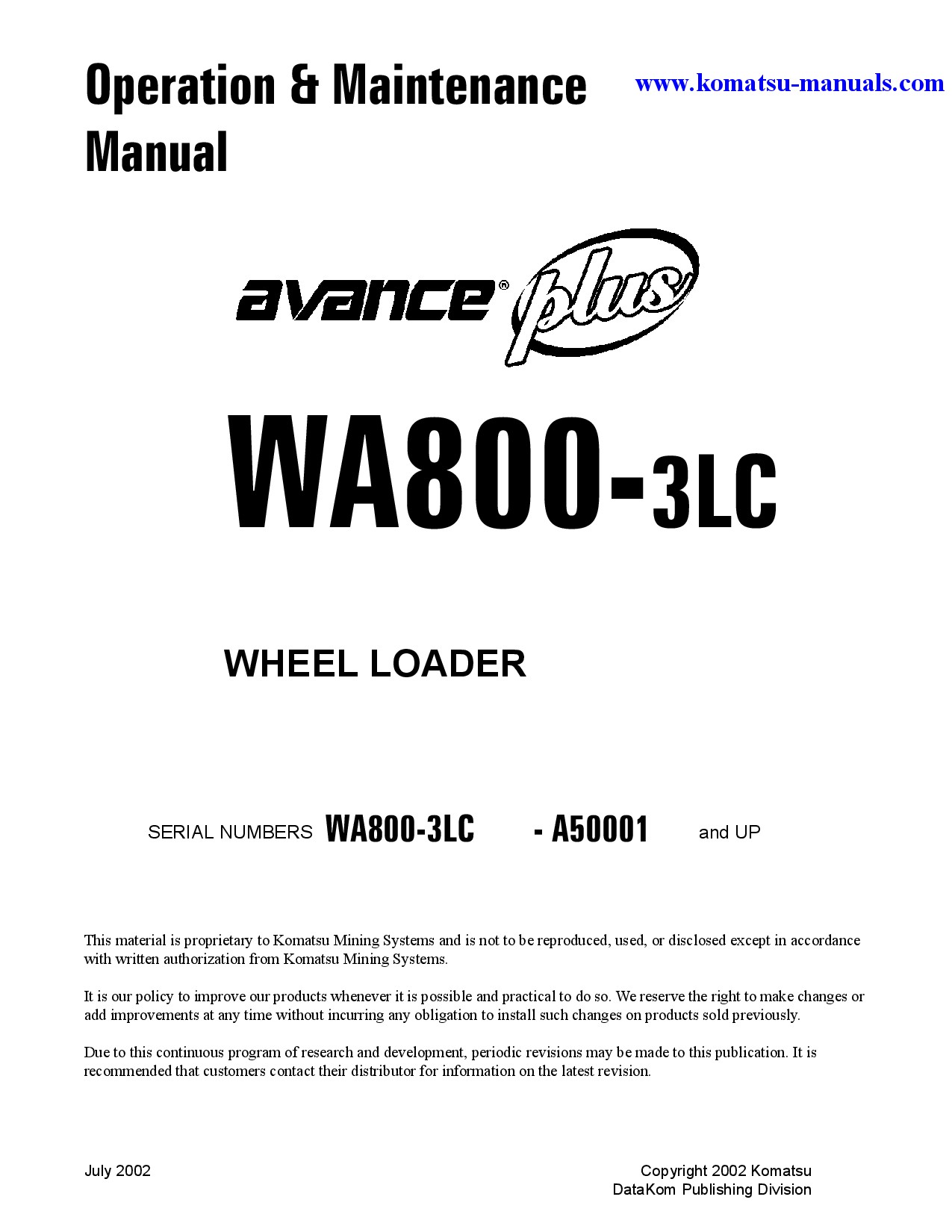 Komatsu wa800-3(usa)-lc operation and maintenance manuals wheel loaders download Komatsu wa800-3(usa)-lc operation and maintenance manuals wheel loaders download