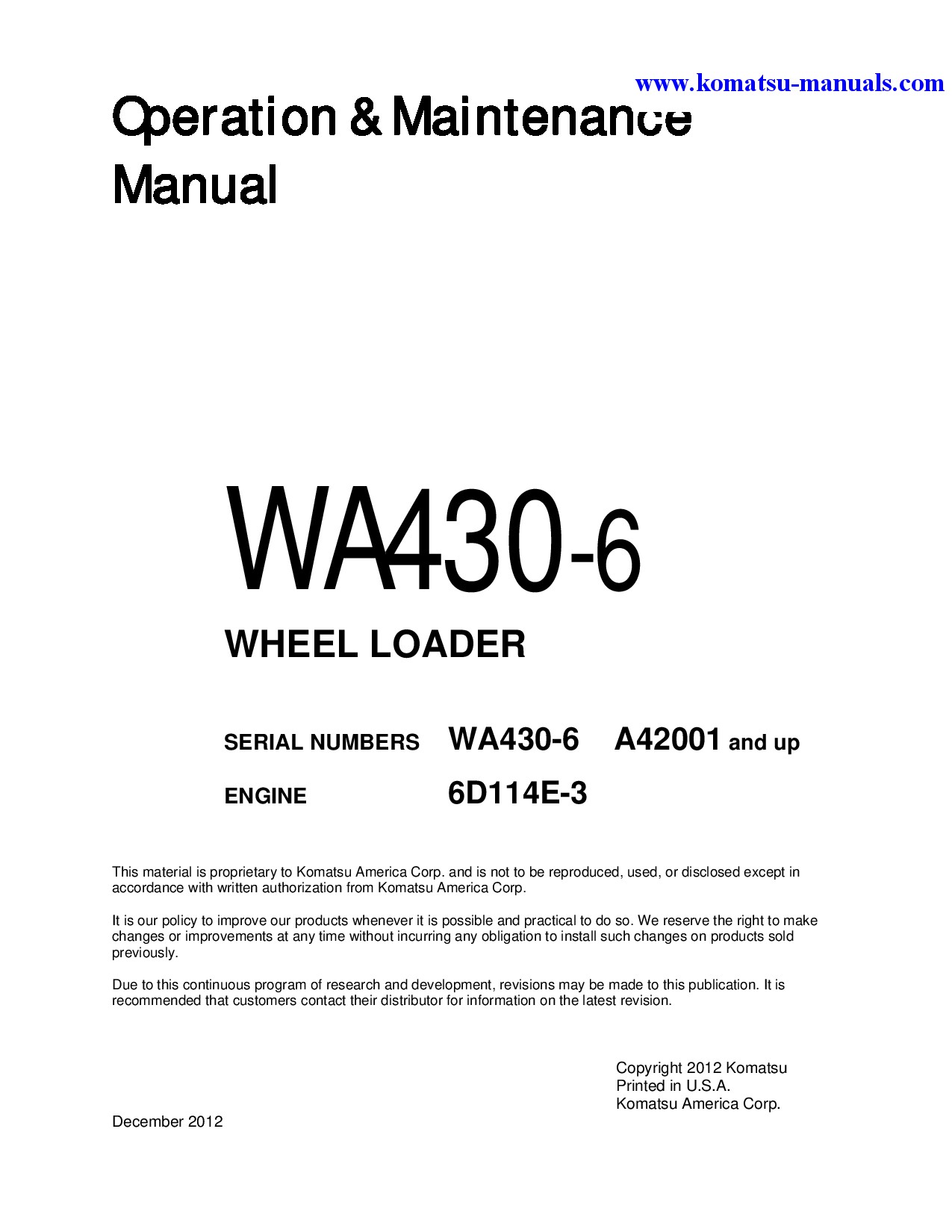 Komatsu wa430-6(usa) operation and maintenance manuals wheel loaders download Komatsu wa430-6(usa) operation and maintenance manuals wheel loaders download