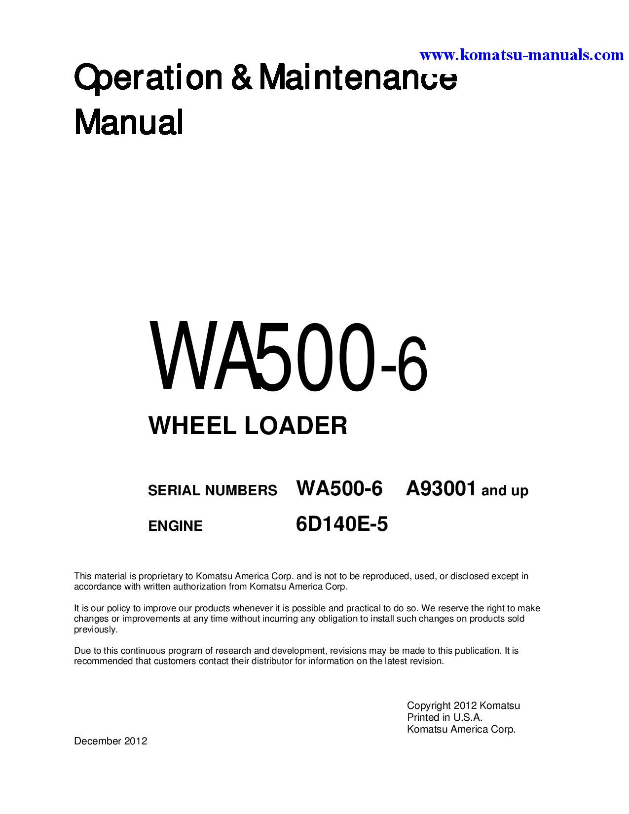Komatsu wa500-6(usa) operation and maintenance manuals wheel loaders download Komatsu wa500-6(usa) operation and maintenance manuals wheel loaders download