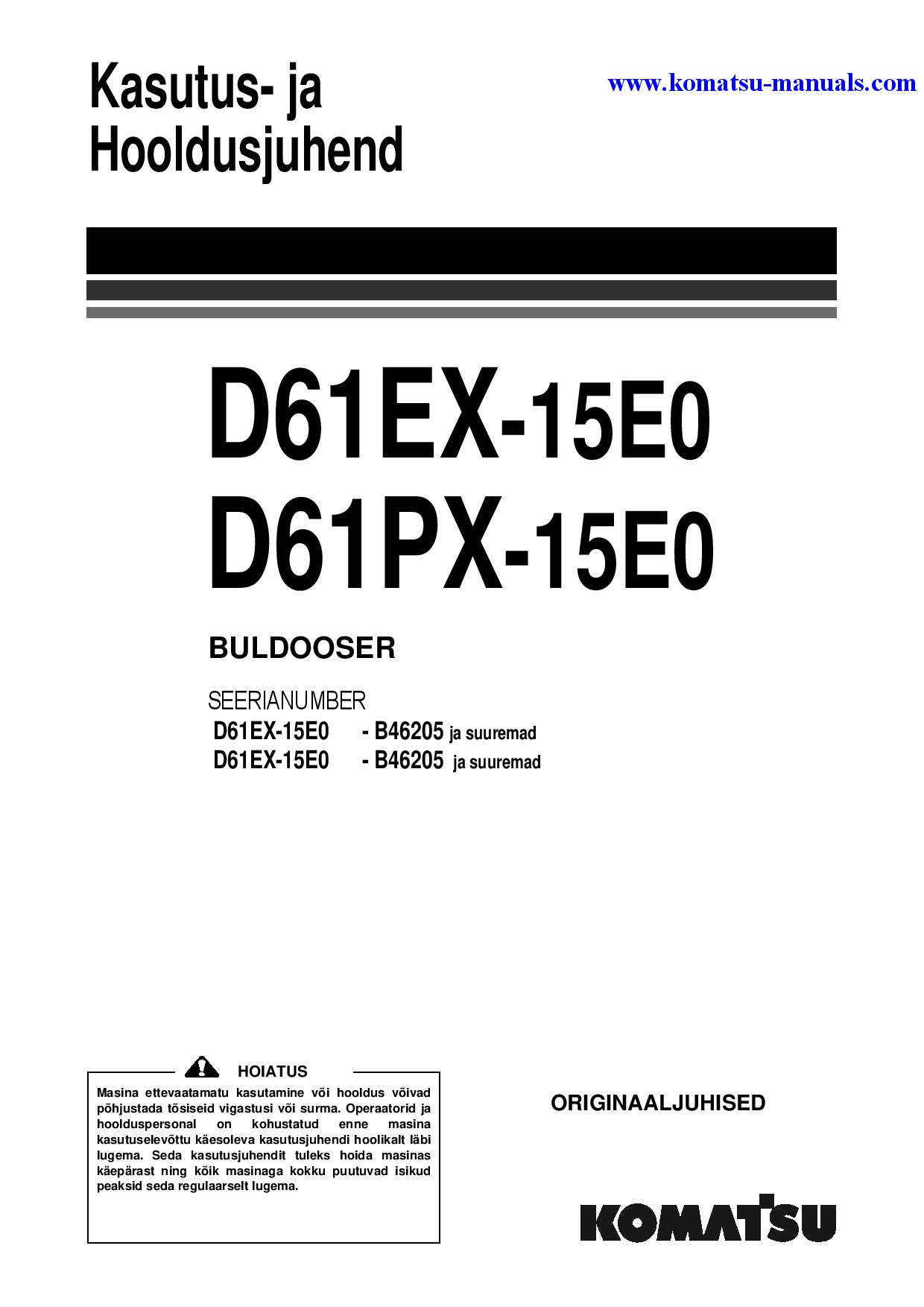 Komatsu d61px-15(bra)-e0 operation and maintenance manuals crawler loaders download Komatsu d61px-15(bra)-e0 operation and maintenance manuals crawler loaders download
