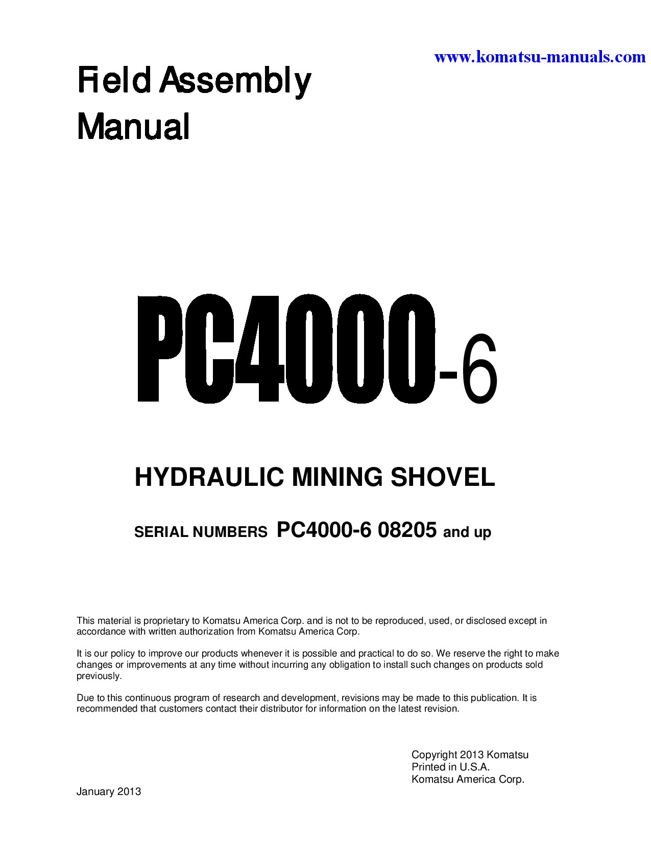 Komatsu pc4000(deu) field assembly manuals excavators crawler download Komatsu pc4000(deu) field assembly manuals excavators crawler download