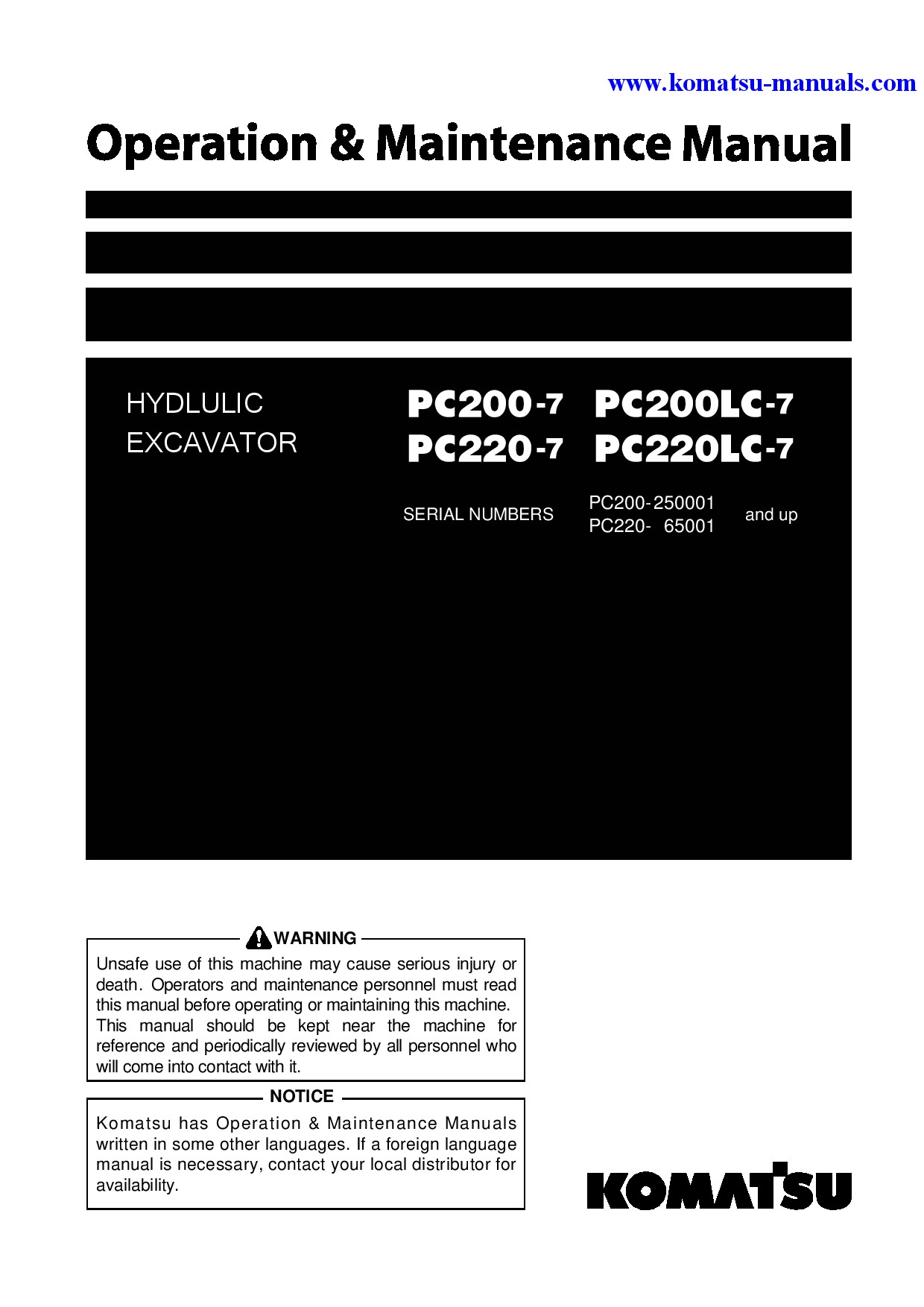 Komatsu pc200lc-7(jpn) operation and maintenance manuals excavators crawler download Komatsu pc200lc-7(jpn) operation and maintenance manuals excavators crawler download