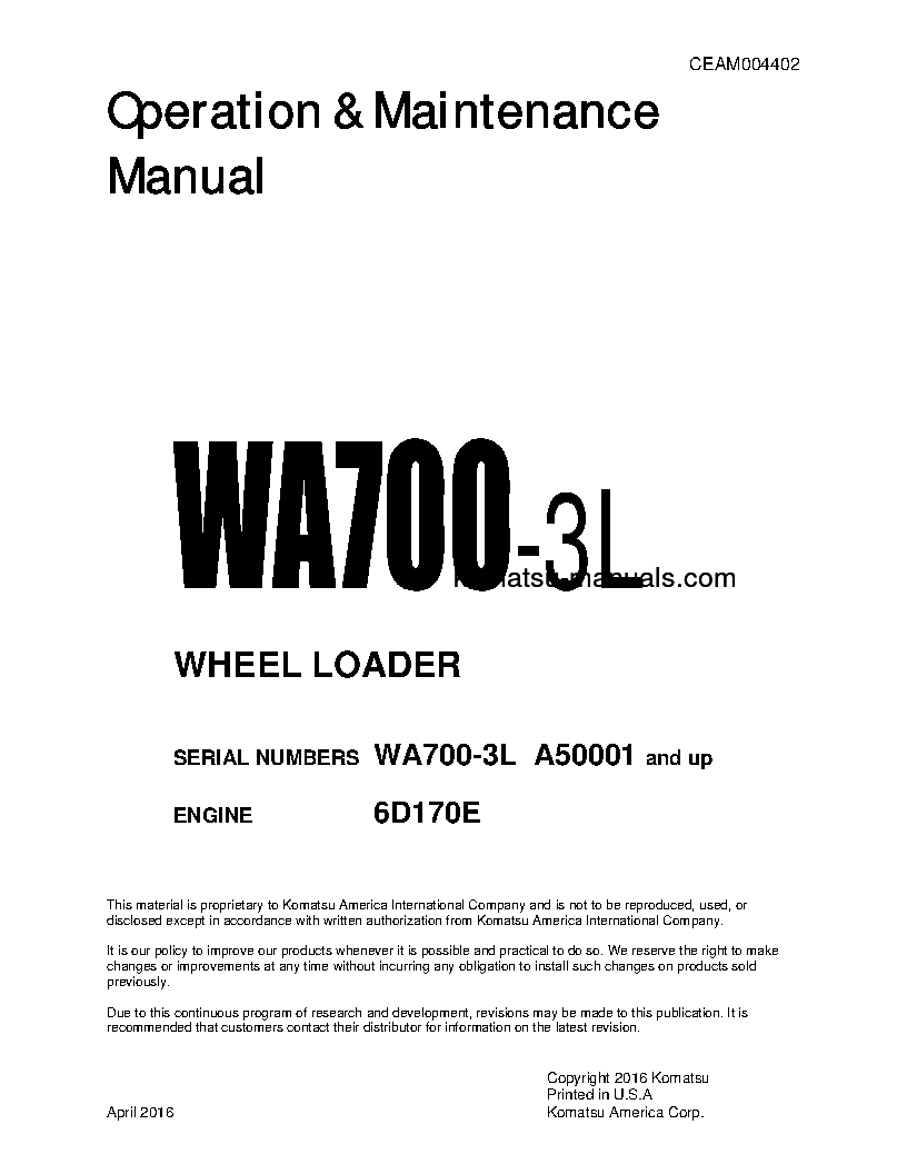 Komatsu wa700-3(usa)-l operation and maintenance manuals wheel loaders download Komatsu wa700-3(usa)-l operation and maintenance manuals wheel loaders download