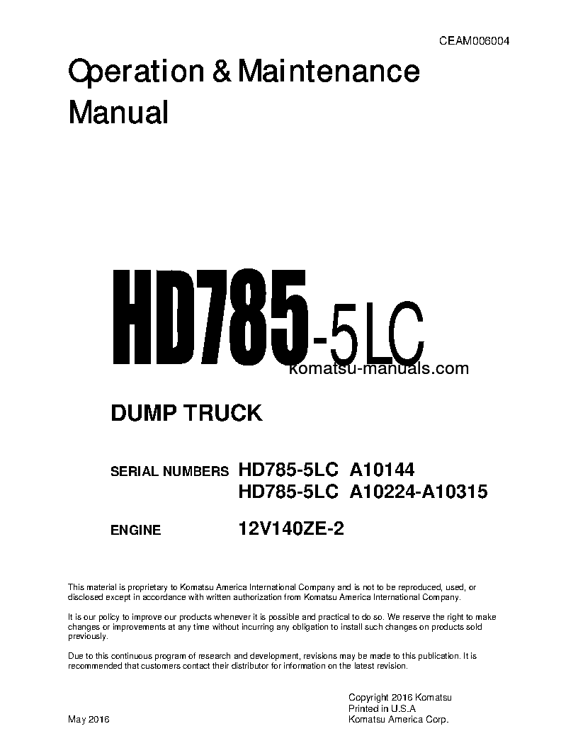 Komatsu hd785-5(usa)-lc operation and maintenance manuals dumptrucks rigid download Komatsu hd785-5(usa)-lc operation and maintenance manuals dumptrucks rigid download