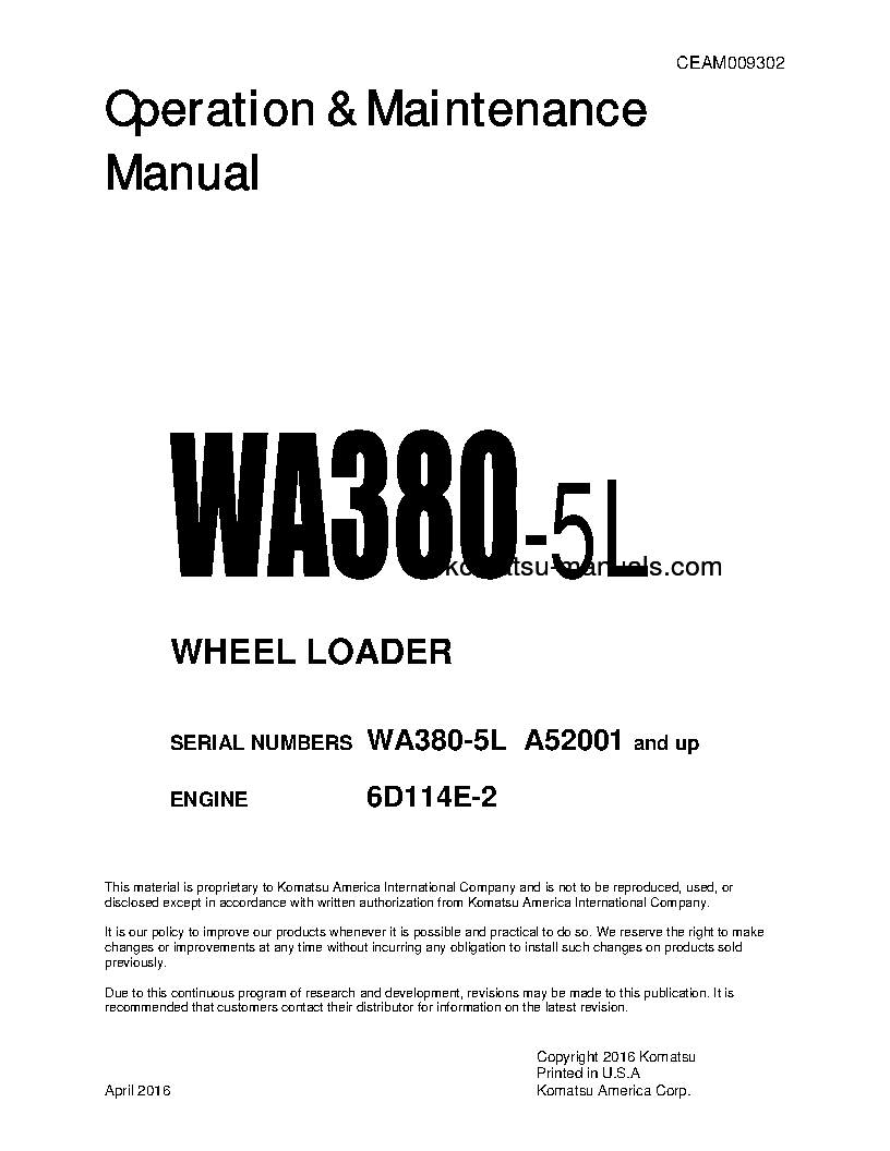 Komatsu wa380-5(usa)-l operation and maintenance manuals wheel loaders download Komatsu wa380-5(usa)-l operation and maintenance manuals wheel loaders download
