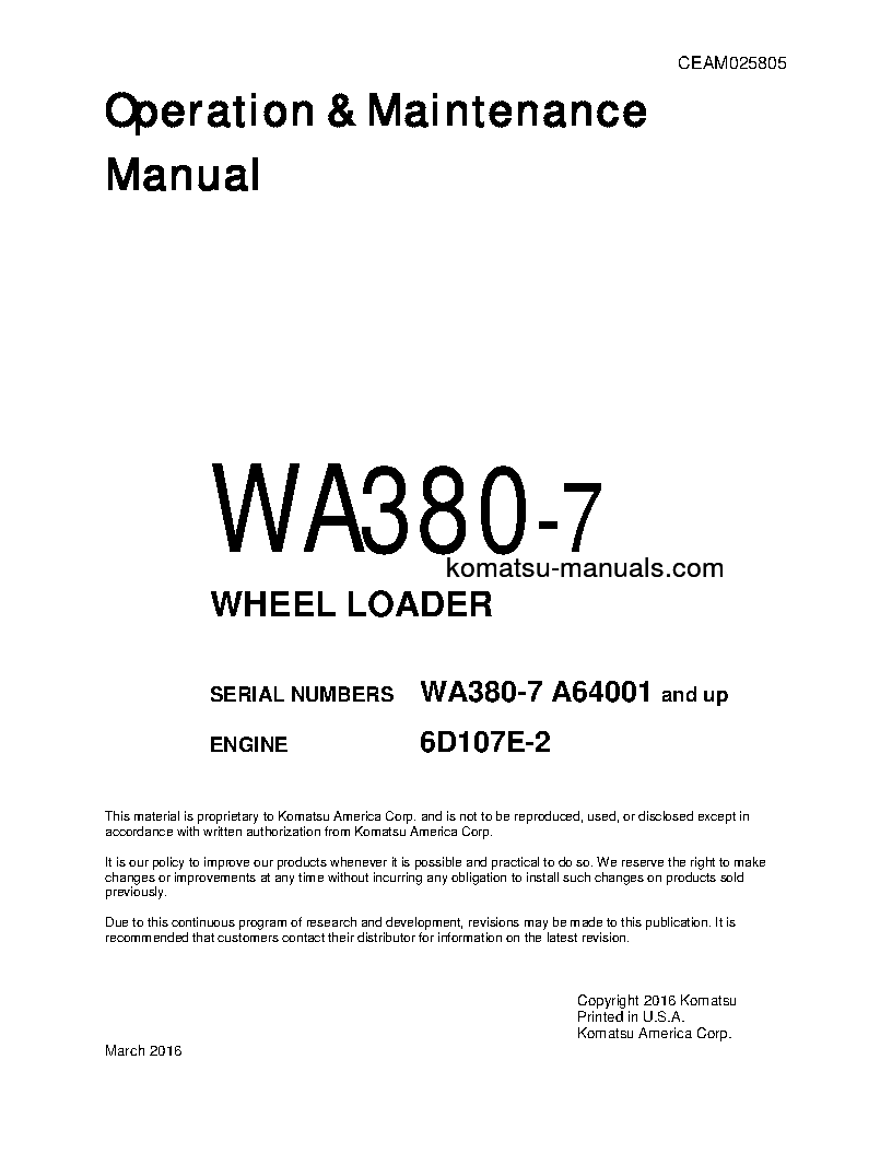 Komatsu wa380-7(usa) operation and maintenance manuals wheel loaders download Komatsu wa380-7(usa) operation and maintenance manuals wheel loaders download