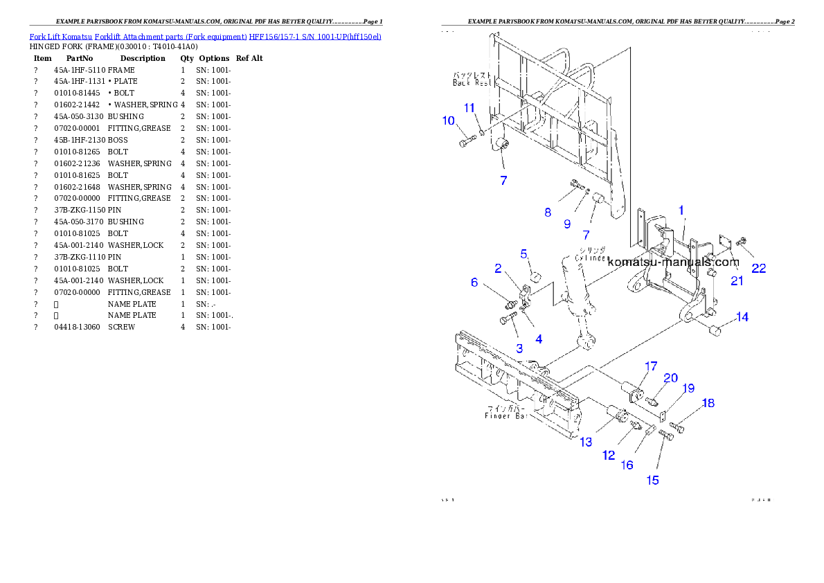 Komatsu hff156/157-1 parts books forklifts download Komatsu hff156/157-1 parts books forklifts download