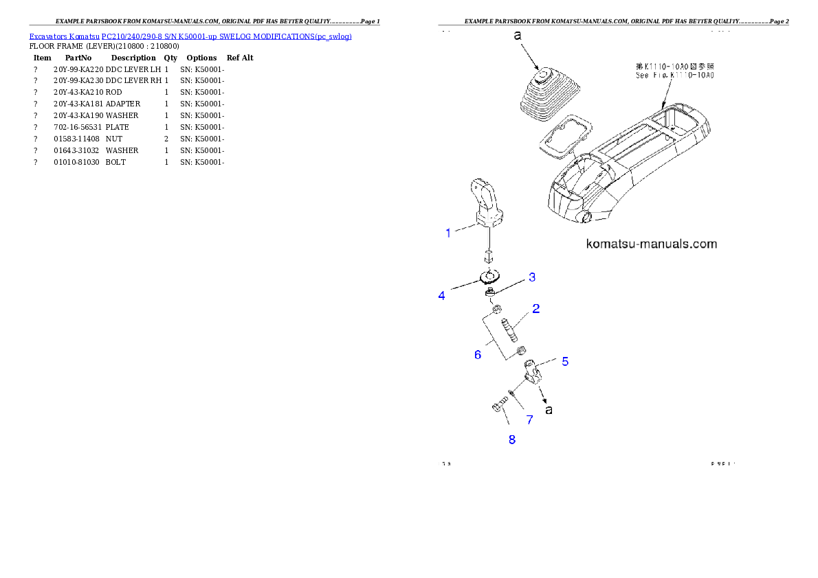 Komatsu pc210/240/290-8 parts books excavators download Komatsu pc210/240/290-8 parts books excavators download