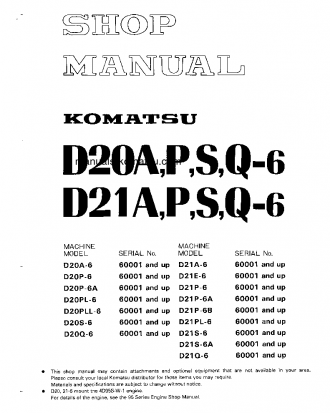 Komatsu D20A-6 shop manual cover